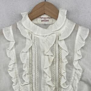 GUNILLA PONTEN Blouse M Crinkle Ruffle Button Up Long Sleeve White